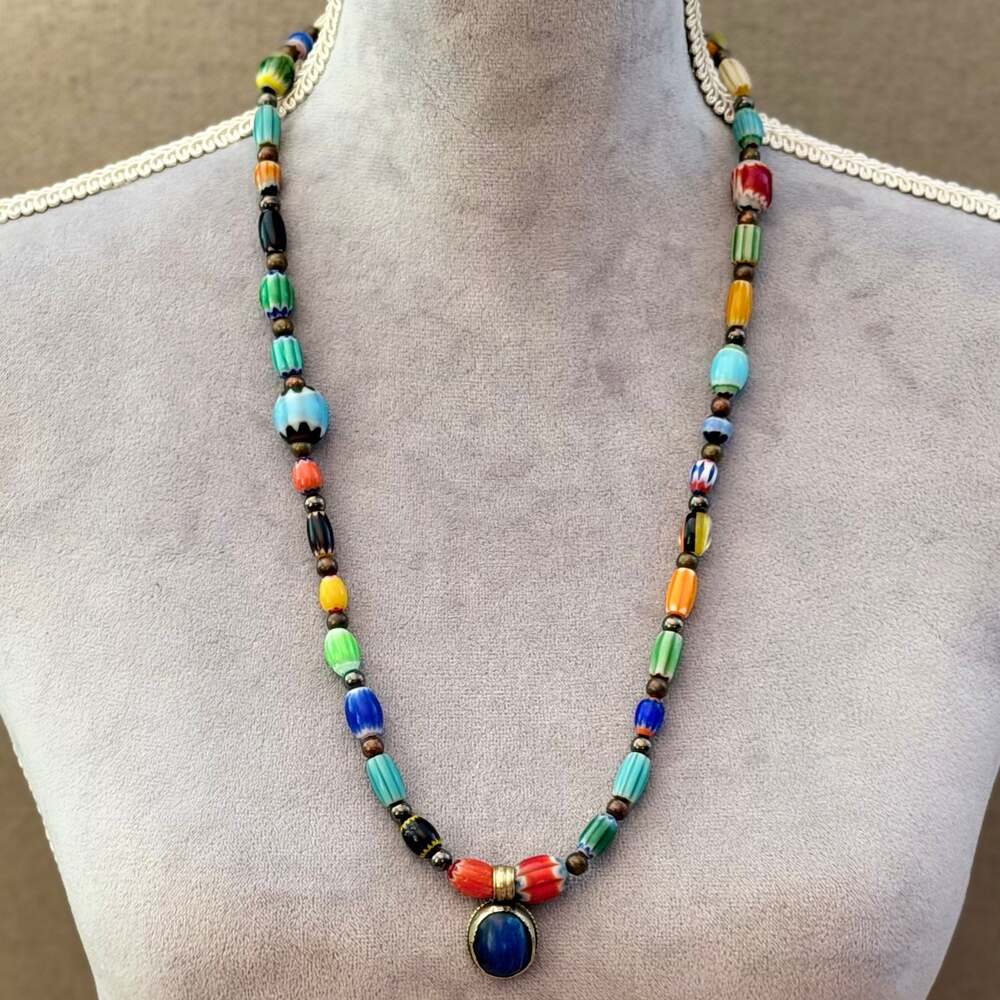 Vintage Multicolor Glass & Brass Beaded Blue Pendant Necklace